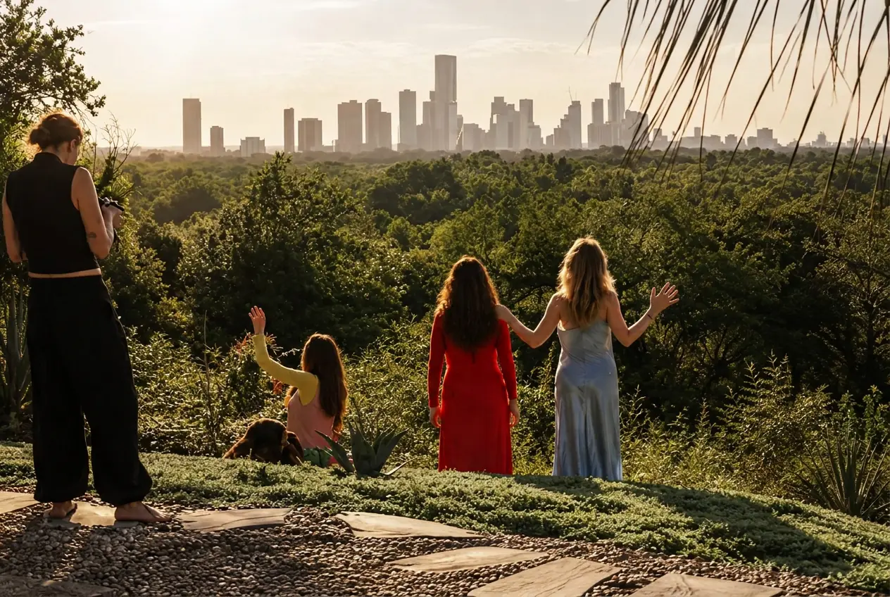 A photographer shooting models on the bluff at golden hour with the downtown Austin skyline beyond