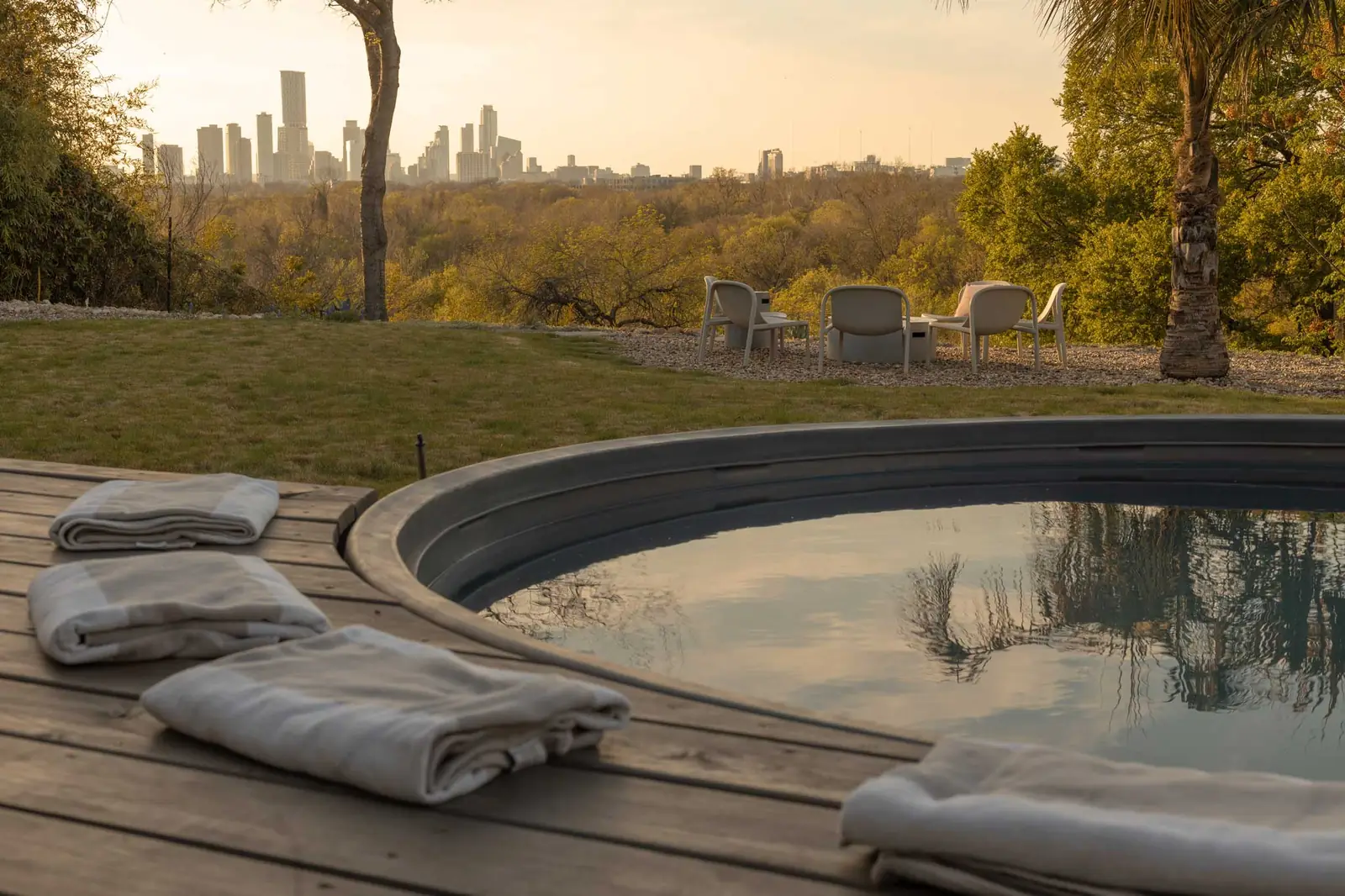 Dipping pool with sunset views over the Austin skyline