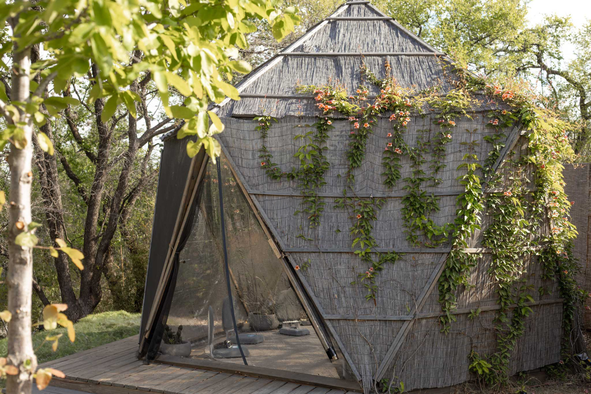 The Geode, a faceted reed-clad structure on a wood deck under the tree canopy