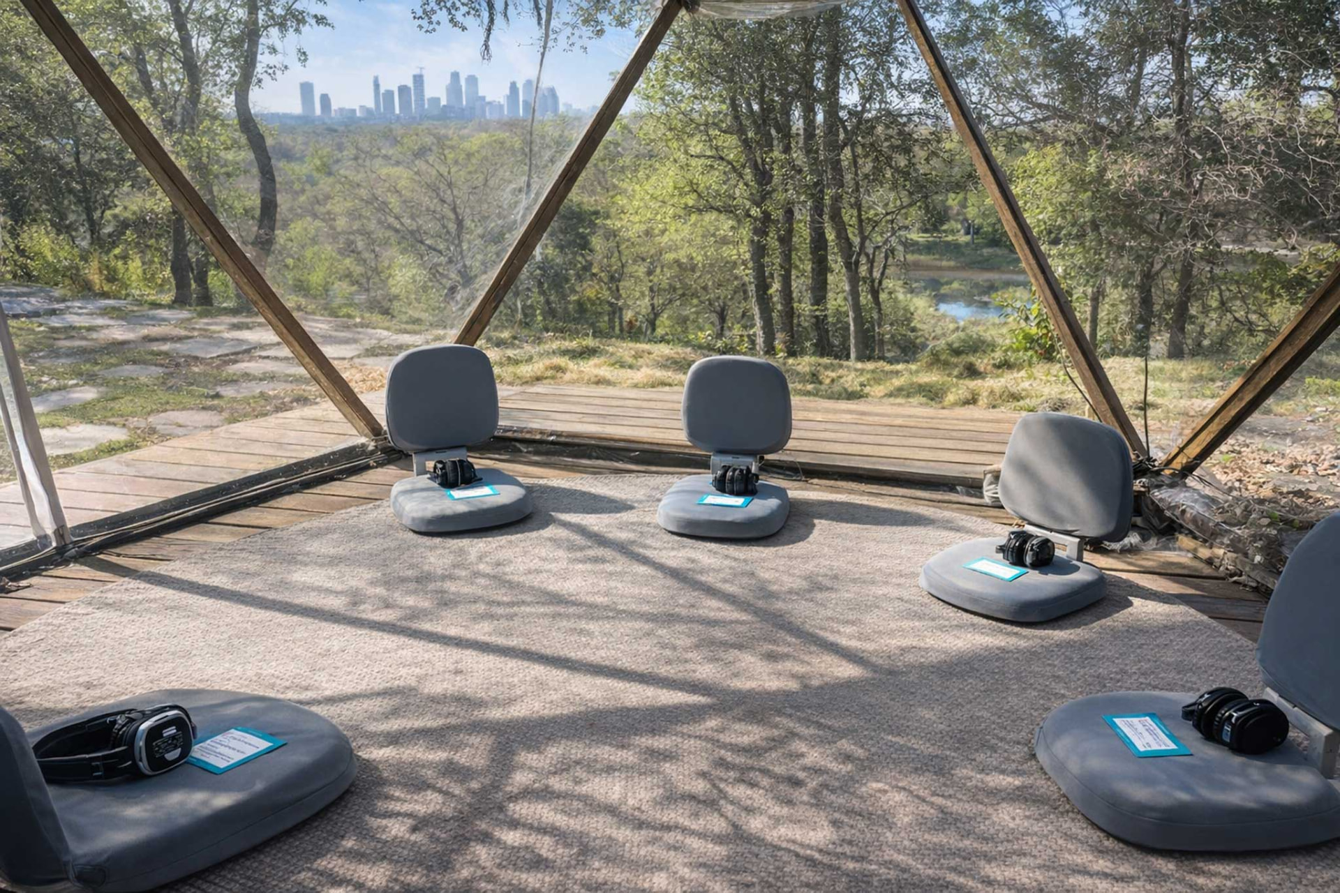 Inside the Geode, with panoramic views of the Austin skyline and surrounding trees