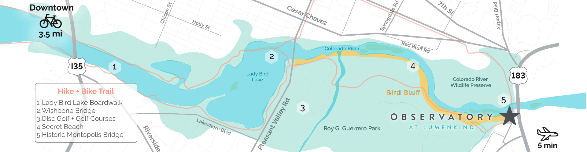 Map showing The Observatory near downtown Austin, the airport, the Colorado River, and surrounding parkland