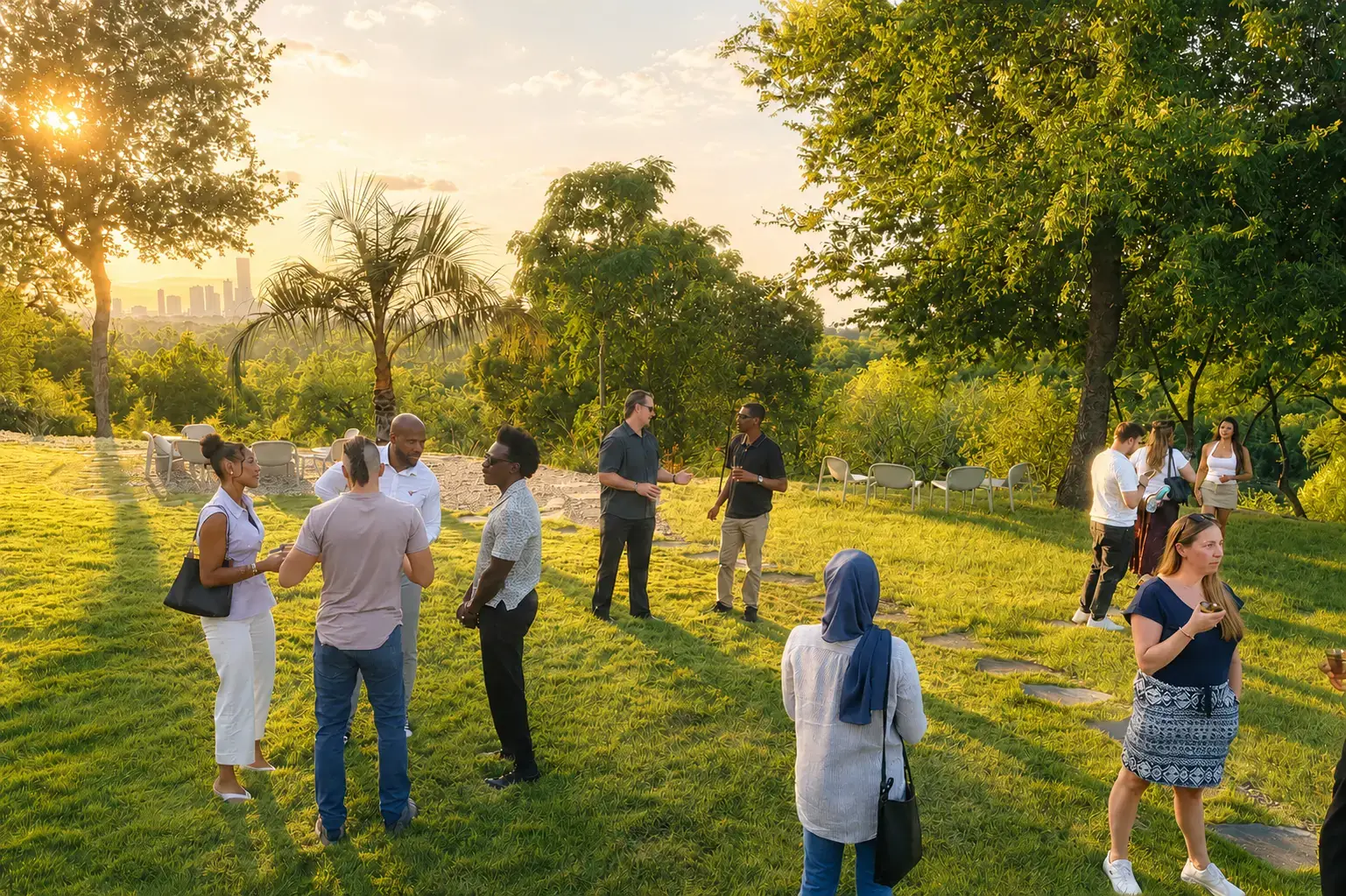 Guests mingling on the sunlit lawn with the Austin skyline in the distance